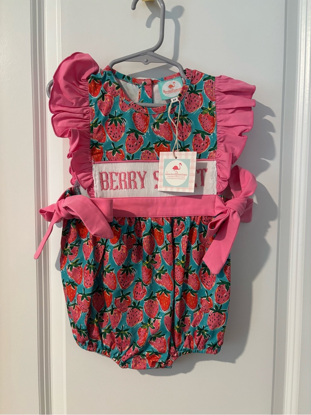 Smocked Strawberry Print Pink & Teal One-Piece Romper - Kids